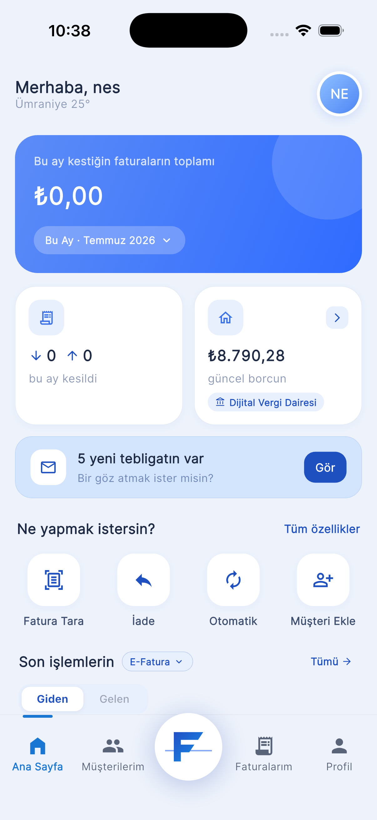 Faturam AI ana sayfa — bu ay kestiğin faturaların toplamı ve güncel vergi borcu