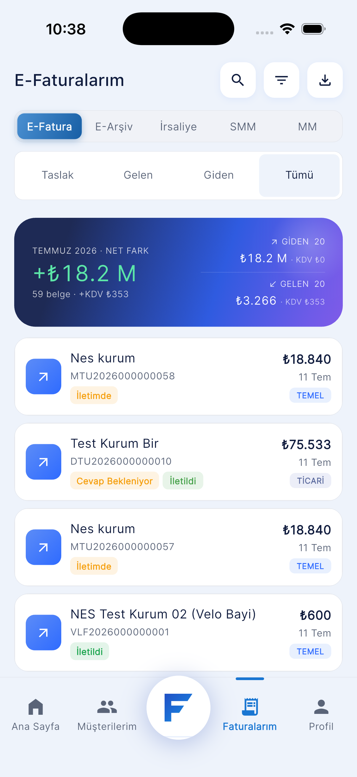 Faturam AI e-Faturalarım ekranı — giden gelen fatura listesi